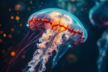 A jellyfish is floating in the water with a red and orange stripe