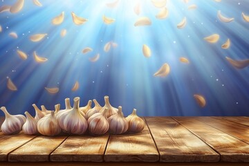 Wall Mural - Fresh Garlic Bulbs on Rustic Wooden Table with Falling Cloves and Sun Rays, Food Background