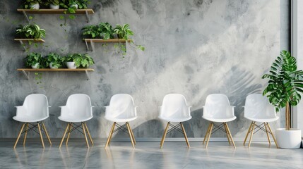 A Room design with rows of white plastic chairs, wooden shelves and green plants standing next to a gray wall inside a waiting room in a modern business office, empty wall space, banner background.