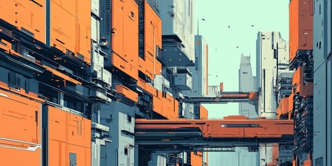 Wall Mural - Futuristic city with orange and blue buildings.