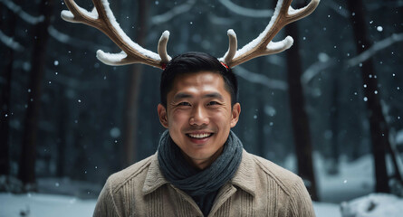 Poster - Happy Asian male with reindeer antlers in Christmas wonderland background