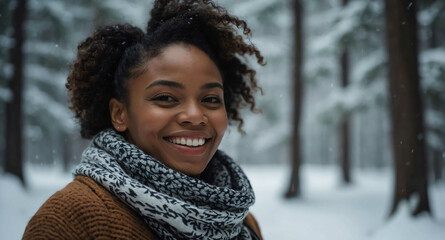 Wall Mural - Happy Black female in cozy scarf with snowy forest background