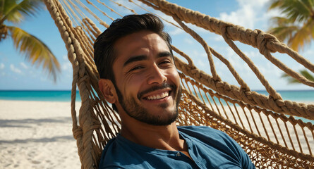 Poster - Happy Hispanic male relaxing in warm beachside hammock background