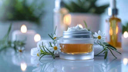 Poster - Glass jar of skin care cream with natural vitamins and spa treatment essentials on a pristine background