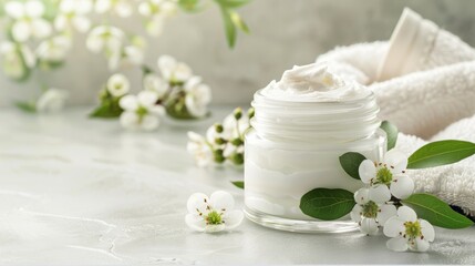 Poster - Glass jar of skin care cream with natural vitamins and spa treatment essentials on a pristine background