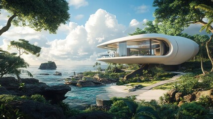 a futuristic off-grid house being built on a remote island, utilizing advanced green technology and 