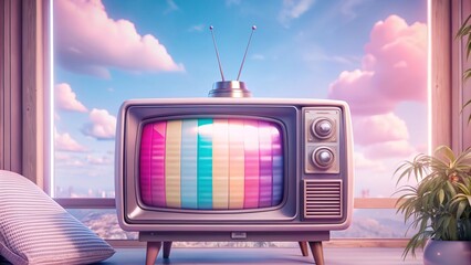 Retro TV with rainbow screen, bright and nostalgic indoor scene..