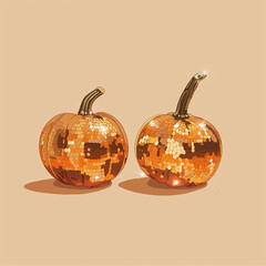 Poster - Two golden pumpkins with a shiny surface. The image has a disco vibe. The two pumpkins are placed next to each other, and they are the main focus of the image