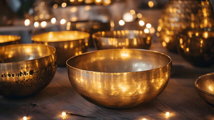 Healing sound bath session featuring shimmering crystal singing bowls arranged beautifully, illuminated by soft ambient light and surrounded by warm, inviting decor