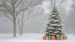 © mashimara - Snow-covered Christmas tree with red ornaments and gifts in a snowy winter park, with snow falling. Traditional winter holiday concept.