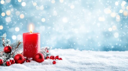 Wall Mural - Red Christmas candle surrounded by snow, evergreen branches, and red ornaments with snowfall in the background. Cozy holiday decor concept.