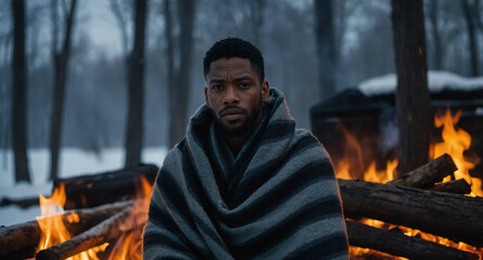 Wall Mural - Peaceful Black male wrapped in blanket by winter fire background