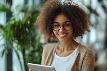 Happy businesswoman using tablet over light background, Generative AI