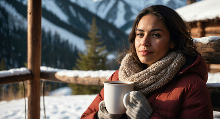 Wall Mural - Peaceful Hispanic female enjoying hot chocolate in mountain cabin background