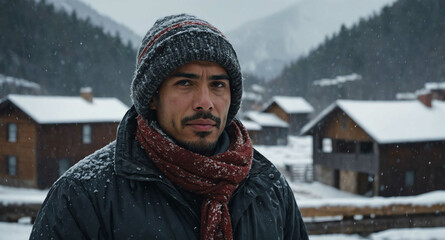 Wall Mural - Peaceful Hispanic male bundled up with snow falling in village background