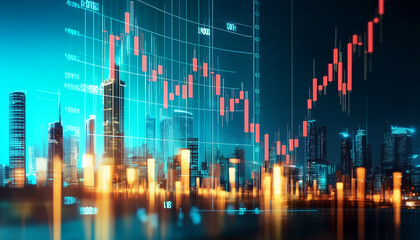 Wall Mural - View of a computer screen displaying stock exchange graph and chart representing increased and decreased price in the stock market on blurred city background. Generative AI.	