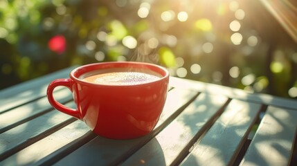 Red ceramic cup filled with hot coffee, set on an outdoor table with sunlight streaming in.