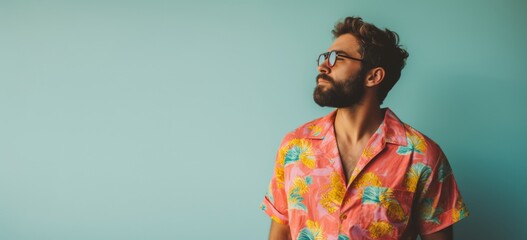 A man in a floral shirt is wearing glasses and looking at the camera