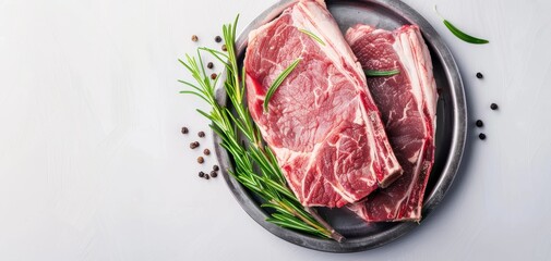 Fresh raw beef steaks garnished with herbs on a plate ready for cooking and grilling in a modern kitchen setting.