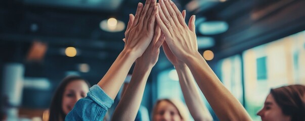 collaboration or business people high five in office for marketing strategy, web SEO growth or research success. Teamwork, diversity or happy on tech planning, social media or network, Generative AI