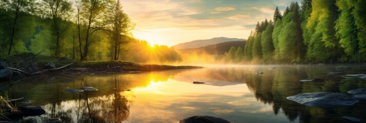 Wall Mural - Tranquil scene of a panoramic landscape with sunset and sky over idyllic lake and river with reflection