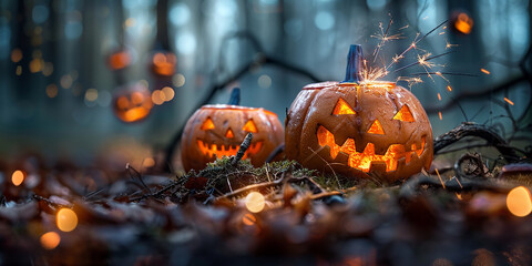 Canvas Print - A group of pumpkins with one of them having a smile on its face. The scene is set in a forest with a dark background