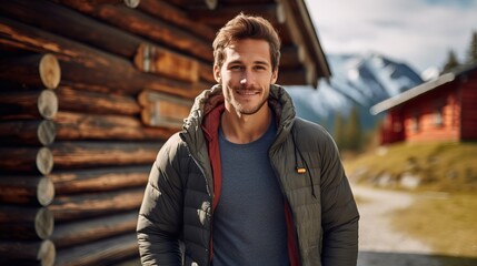 portrait of attractive middle aged man in sportive outfit, hiking outdoor in the mountains