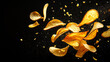 © chekart - Food that leads to obesity. Golden potato chips are sprinkled with salt and other spices on a black background. Close-up of a handful of potato chips floating in the air. Fast food