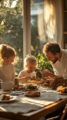 Happy family eating organic food at home together