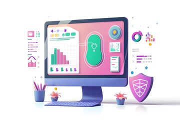computer screen displaying a fingerprint icon and a shield symbolizing security.
