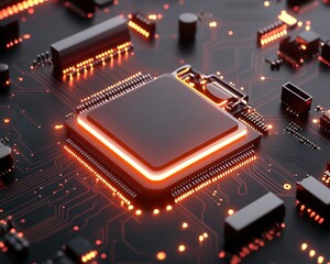 Close-up of a glowing microchip on a circuit board, showcasing intricate technology and digital design.