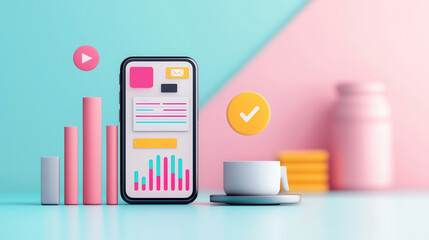 Canvas Print - Smartphone with colorful icons and charts on pink and blue background.