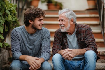 Teenager son and senior father sitting on stairs outdoors at home, talking, Generative AI