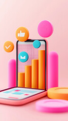 Sticker - 3D Phone with Social Media Icons and Chart.