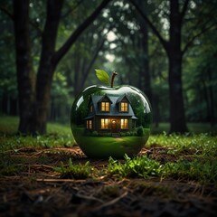 a green apple with a house on the top of it