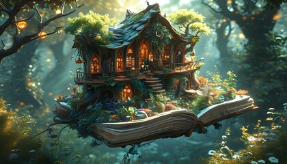 Enchanting floating library nestled among mystical creatures and vibrant plants in a whimsical treehouse village within a dreamlike forest garden