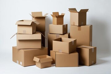 Cardboard Boxes and Packaging Parcels in Different Positions Isolated on White Background