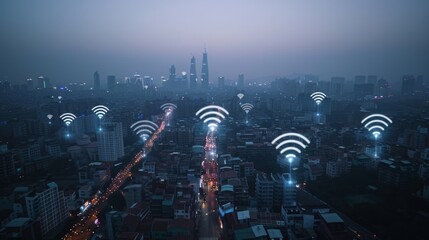 Poster - A cityscape with skyscrapers and visible wireless network connections in the sky