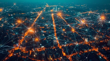 Poster - A cityscape with skyscrapers and visible wireless network connections in the sky