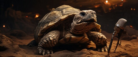 A wise-looking tortoise is depicted speaking into a microphone in a dimly lit cave, blending the natural and surreal in a unique way. This whimsical image evokes curiosity and imagination, suitable