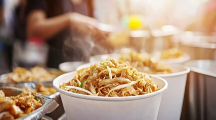 Street food served in a paper bowl, highlighting the bustling atmosphere and the vibrant noodles