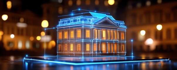 Futuristic holographic house model illuminated against a night background, showcasing innovative architectural design in digital format.