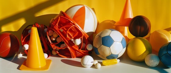 an array of assorted sports balls and cones against a bright, yellow background, creating a cheerful