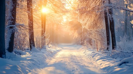 Poster - a snowy path in a forest with the sun shining through the trees