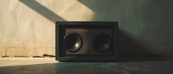 A vintage-style speaker cabinet with two large woofers resting in a sun-dappled room, radiating a nostalgic charm.