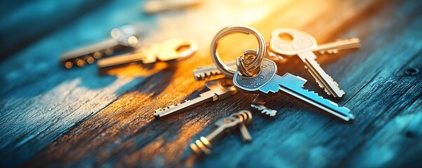 Canvas Print - Key Ring with Keys on Wooden Table.