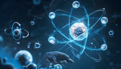 Blue-themed digital artwork showcasing hands intertwined with an atomic symbol, highlighting the essence of scientific innovation and collaboration