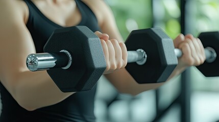 A woman exerts effort while holding a dumbbell and performing bicep curls in a modern fitness studio, showcasing determination and fitness at its best