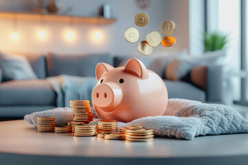 Piggy bank with coins in a cozy living room symbolizing savings and financial security