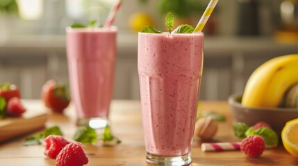 Poster - Healthy smoothie with fresh ingredients on a kitchen counter